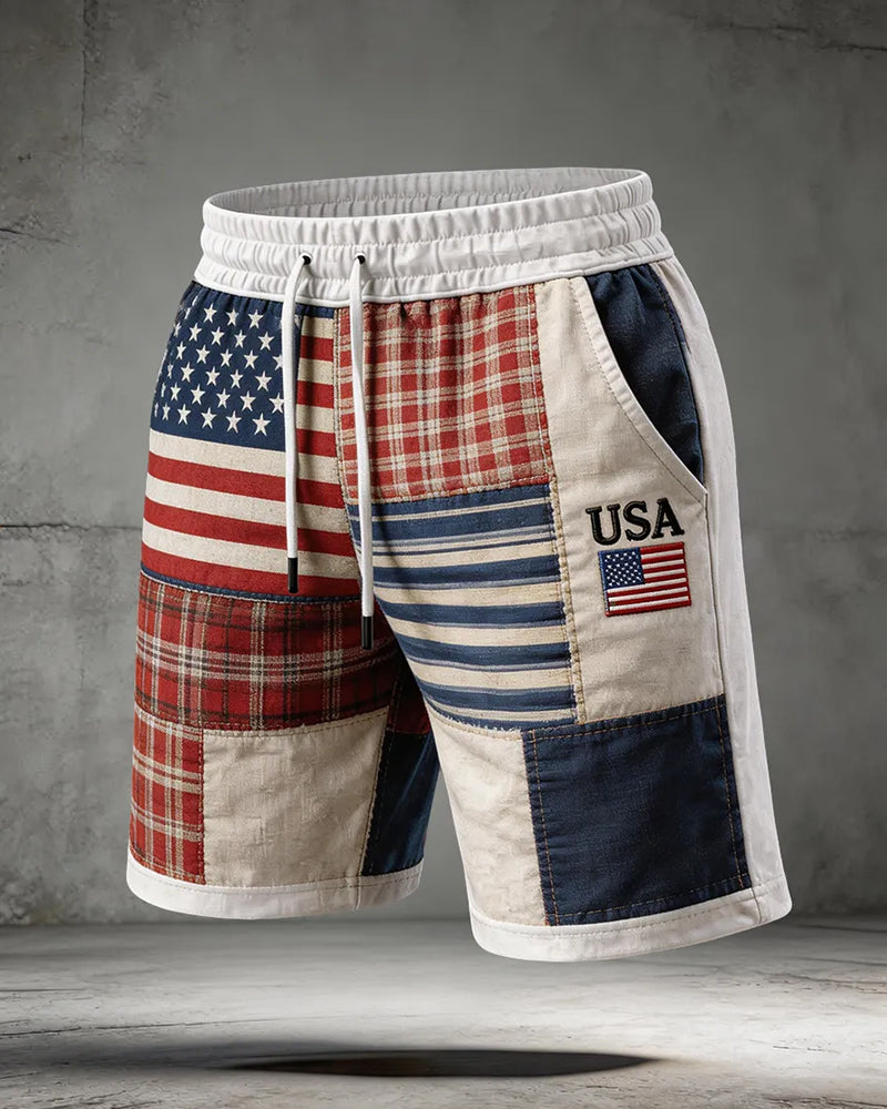Patchwork USA Flag Badge Print Shorts