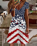 Red And White Floral Patchwork Star-Spangled Printed V-Neck Short Sleeve Dress