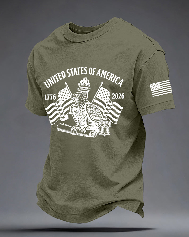 American 250 Anniversary Bald Eagle Torch Independence Bell Printed Short Sleeve T-Shirt