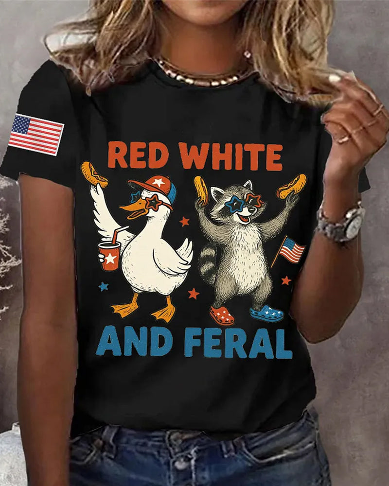 American Independence Day Duck Raccoon Red White And Feral Fun Print Short Sleeve Tee