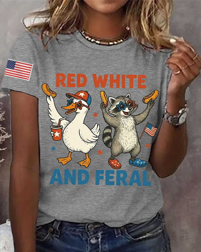 American Independence Day Duck Raccoon Red White And Feral Fun Print Short Sleeve Tee