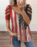 American Flag Irregular Print Open-Shoulder Zip V-Neck Short-Sleeve Tee