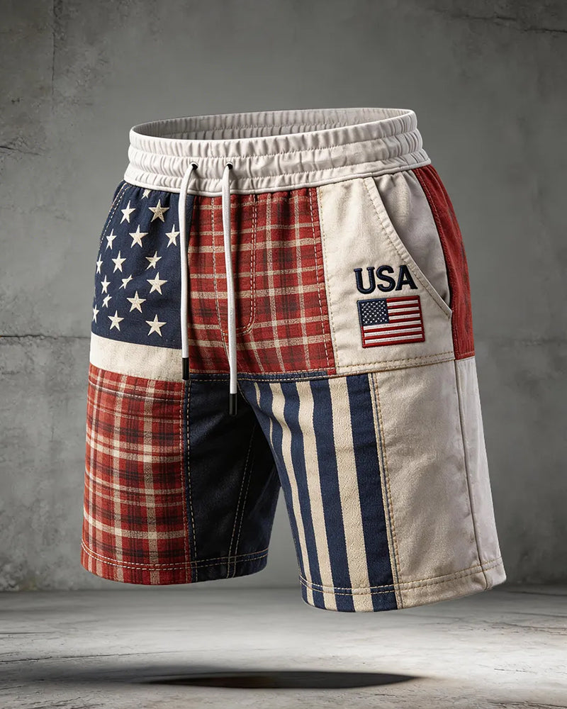 Vintage Plaid Striped USA Flag Print Shorts
