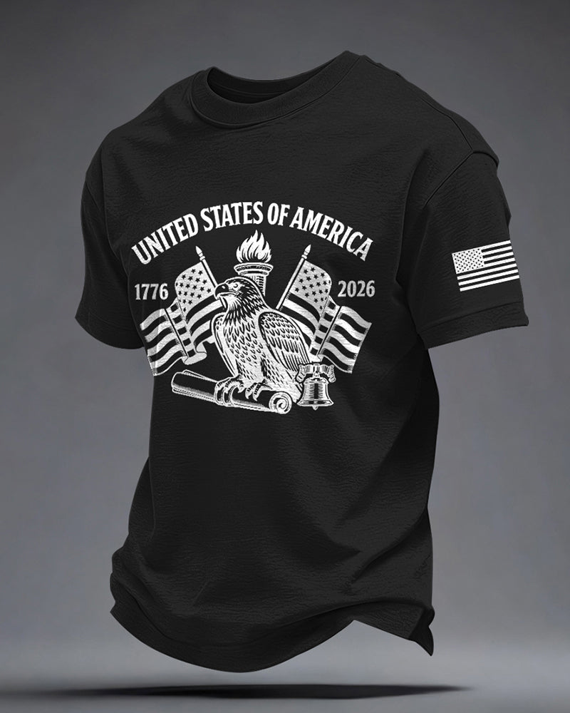 American 250 Anniversary Bald Eagle Torch Independence Bell Printed Short Sleeve T-Shirt