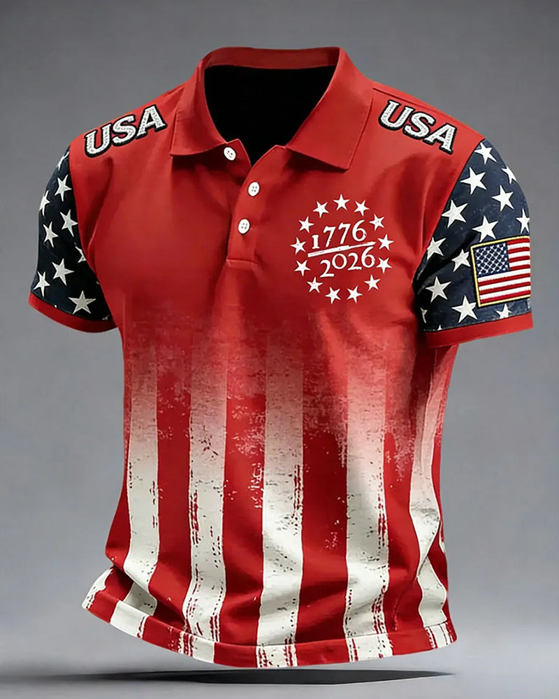 American 250 Anniversary Gradient Stars And Stripes USA Letter Short-sleeved Polo Shirt