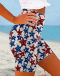 Red And Blue Five-pointed Star-print Sequin High-elastic Slim-fit Shorts