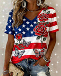 American Flag Rose Butterfly Rhinestone Print V-Neck Short Sleeve Tee