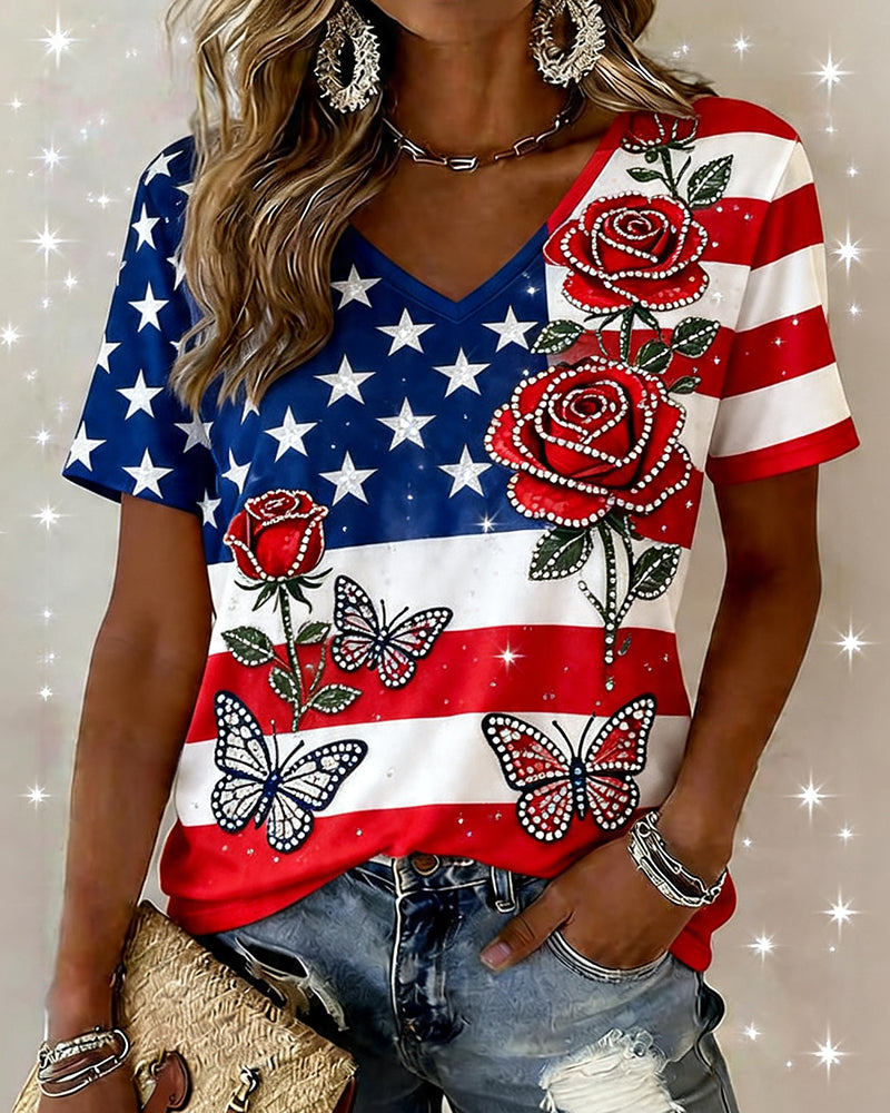 American Flag Rose Butterfly Rhinestone Print V-Neck Short Sleeve Tee