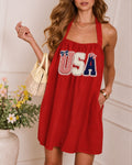 USA Letter Bow Neck Sleeveless Casual Dress
