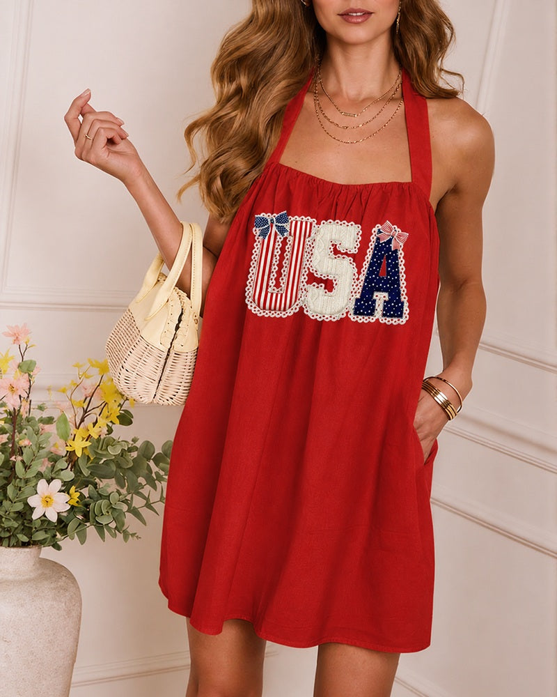 USA Letter Bow Neck Sleeveless Casual Dress