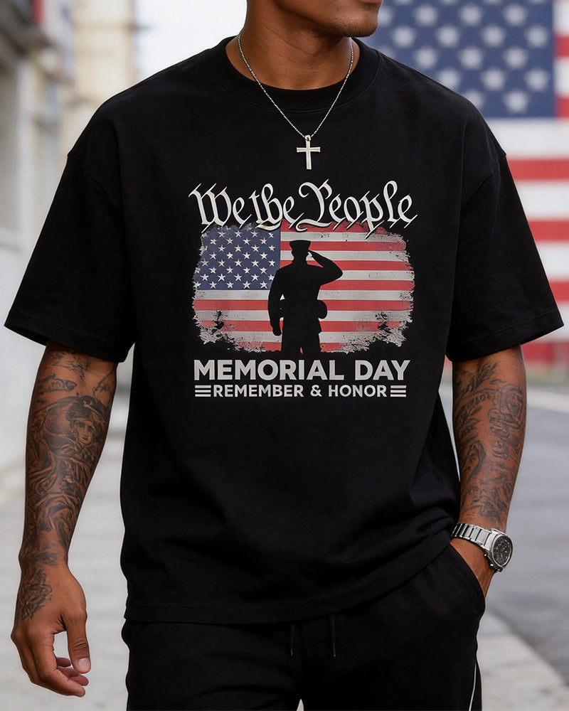 US Memorial Day We The People Soldier Silhouette Flag Print Round Neck Short Sleeve Tee