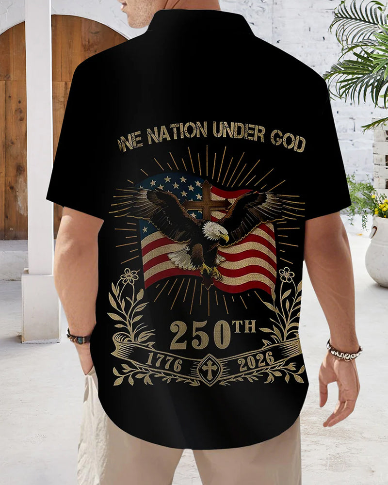 American 250 Anniversary One Nation Under God Eagle Flag Printed Short Sleeve Shirt