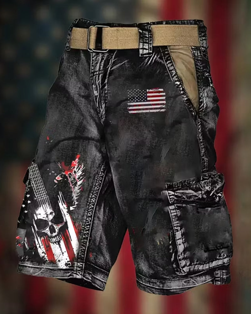 Distressed Skull Guitar American Flag Print Frock Shorts