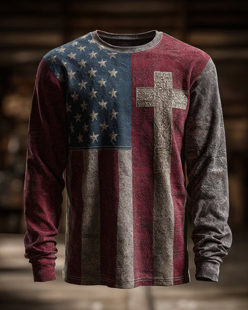 250th Anniversary Of The United States Star‑Eagle Flag Printed Crewneck Long‑Sleeve T‑Shirt
