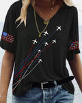 Aircraft Track Stars And Stripes Print Casual V-Neck Short-Sleeve T-Shirt