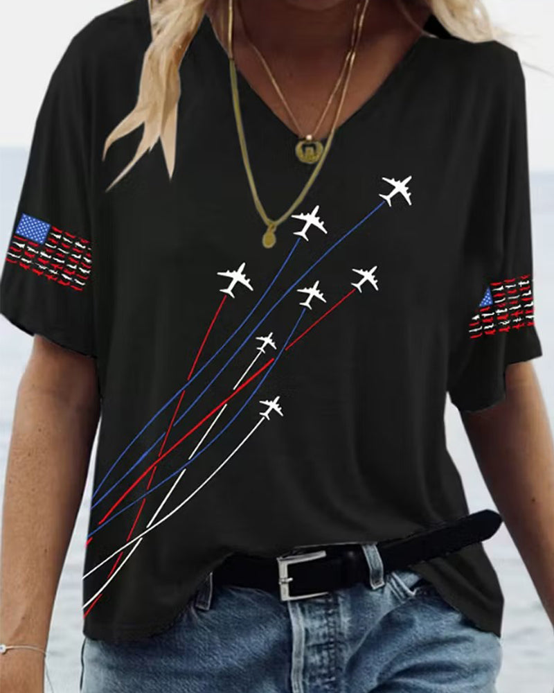 Aircraft Track Stars And Stripes Print Casual V-Neck Short-Sleeve T-Shirt