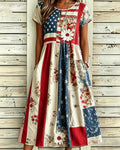 American Flag Floral-Print Daisy-Print Round Neck Short-Sleeved A- Line Dress