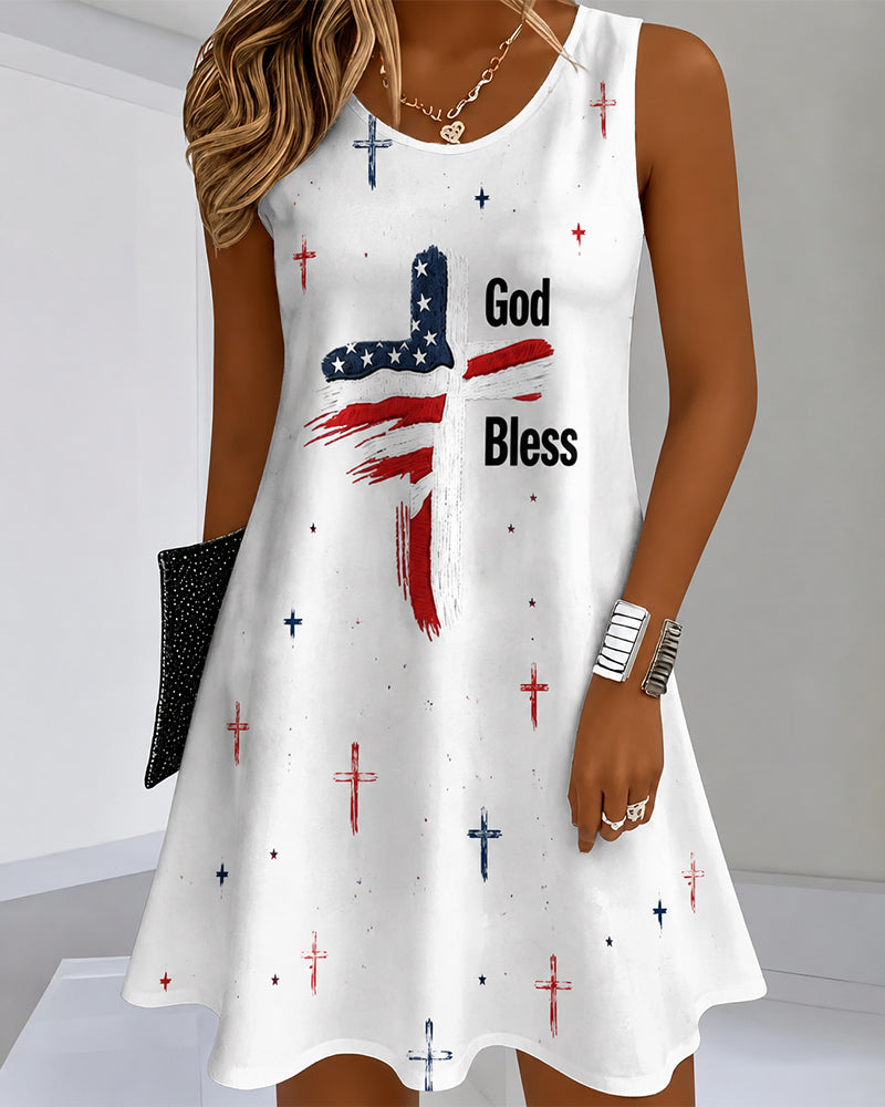 Cross God Bless Printed Crewneck Sleeveless Mini Dress