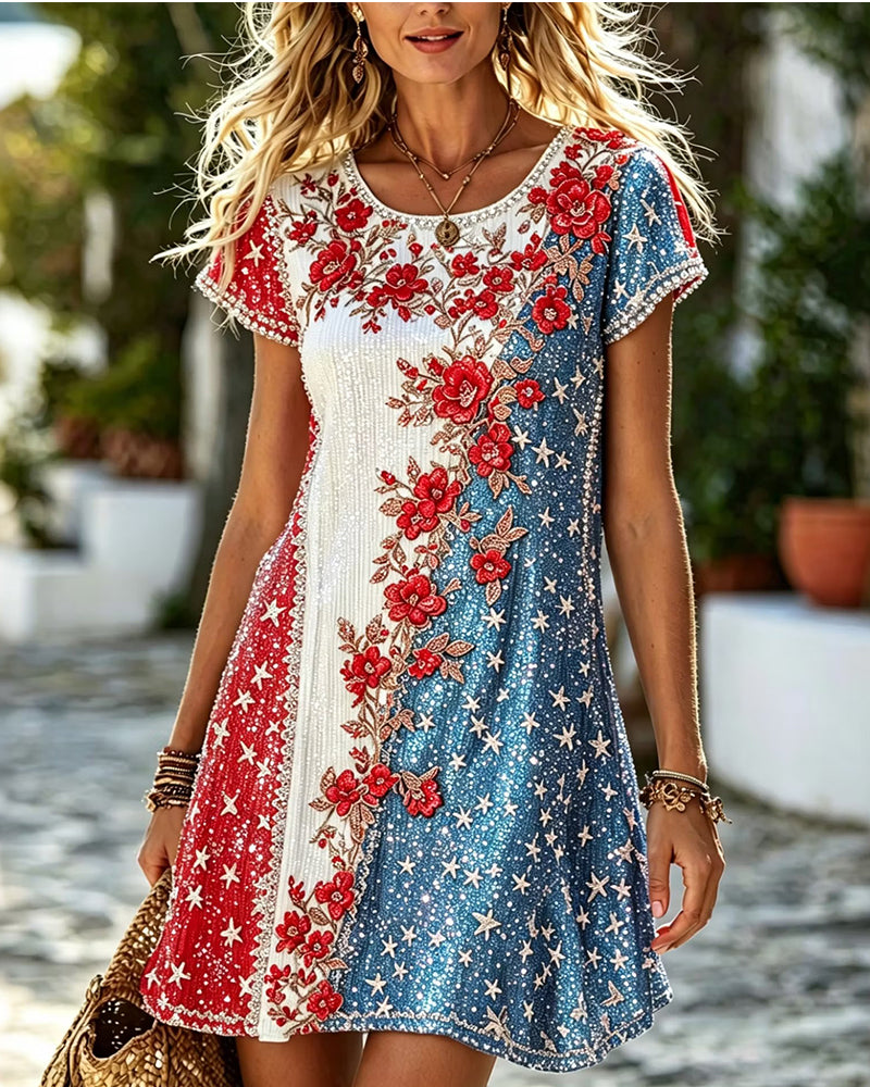 Glitter Star Floral Crewneck Short Sleeve Dress