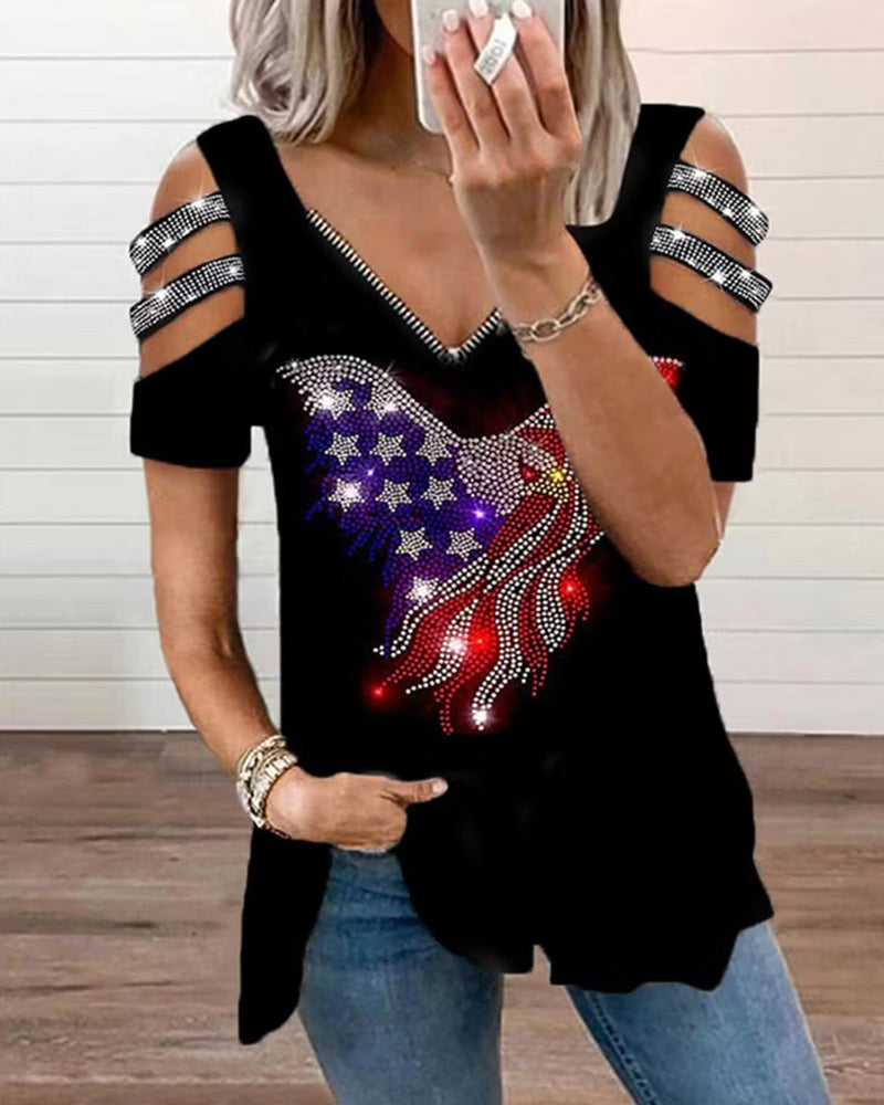 Hot Drilling Eagle Flag Element Hollow Shoulder V-Neck Short Sleeve T-Shirt