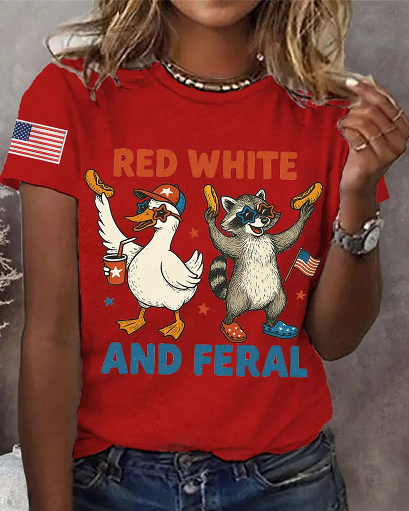 American Independence Day Duck Raccoon Red White And Feral Fun Print Short Sleeve Tee