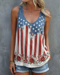 Stars And Stripes Rose Floral Print U-Neck Cotton Linen Vest