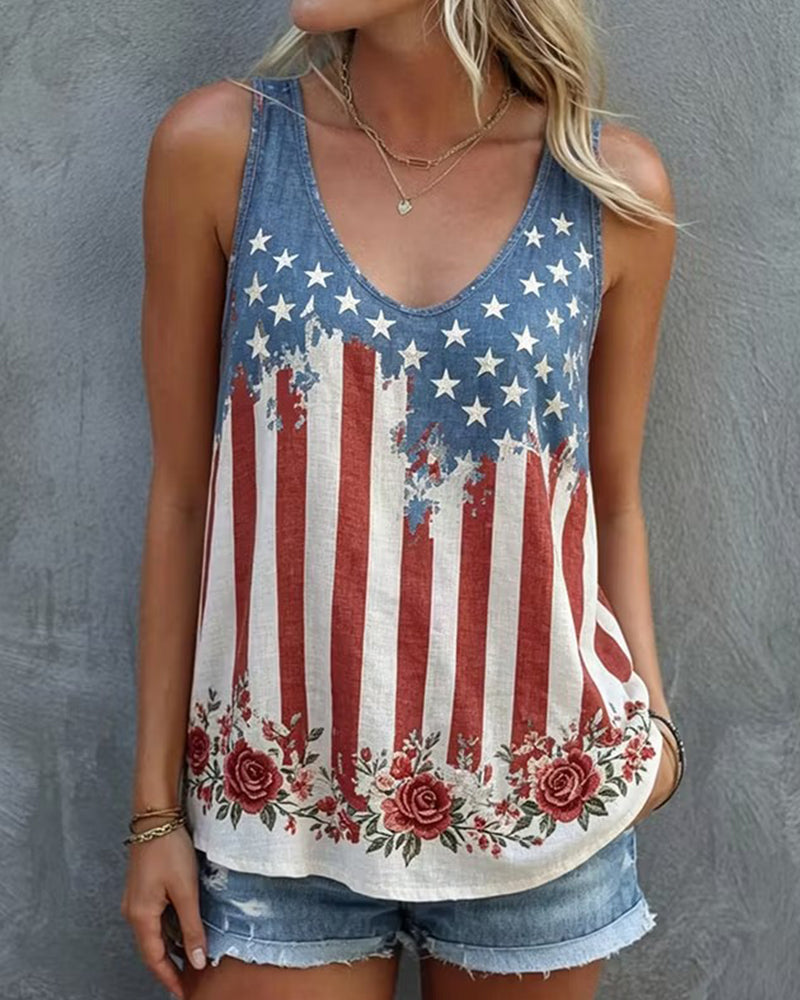 Stars And Stripes Rose Floral Print U-Neck Cotton Linen Vest