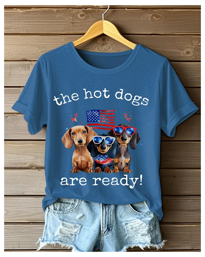 American Flag Dachshund The Hot Dogs Are Ready Fun Print Short Sleeve Tee
