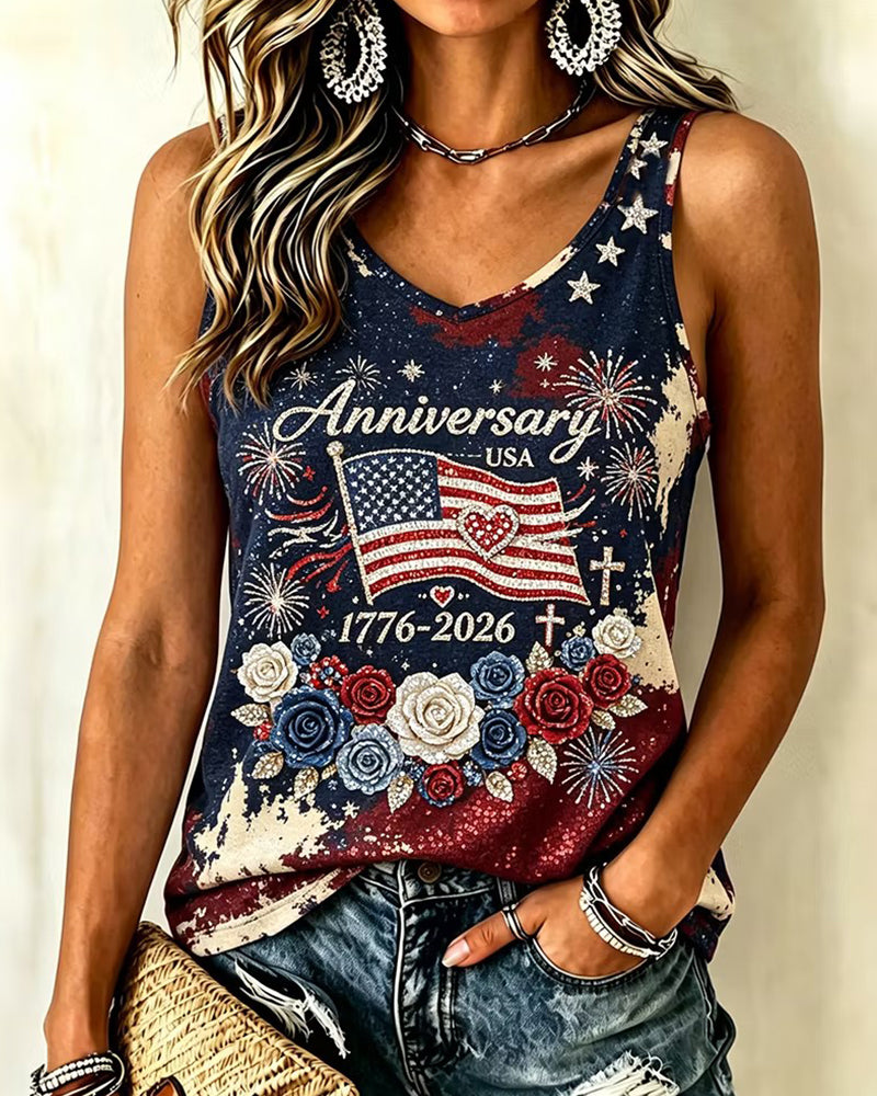 USA 1776-2026 Flag, Fireworks, And Rose Print V-Neck Sleeveless Top