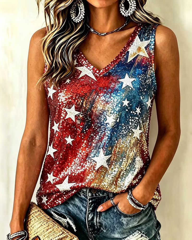 Gradient Glitter Five-Pointed Star Color-Block V-Neck Casual Vest