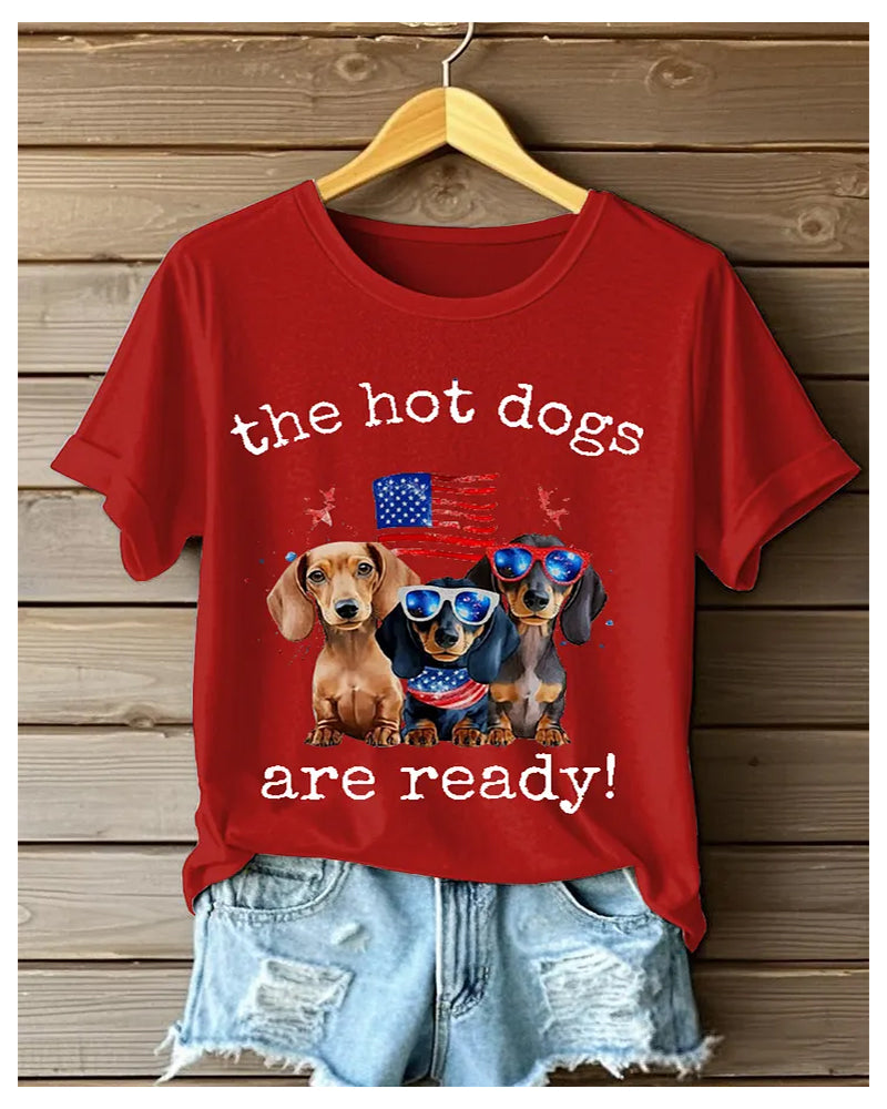 American Flag Dachshund The Hot Dogs Are Ready Fun Print Short Sleeve Tee