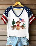 American Flag Cowboy Dog Cactus Western Style Raglan V-Neck Short Sleeve T-Shirt