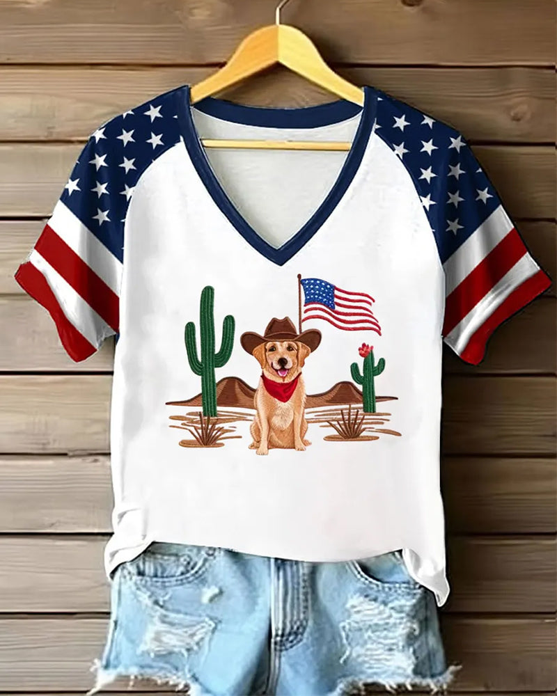 American Flag Cowboy Dog Cactus Western Style Raglan V-Neck Short Sleeve T-Shirt