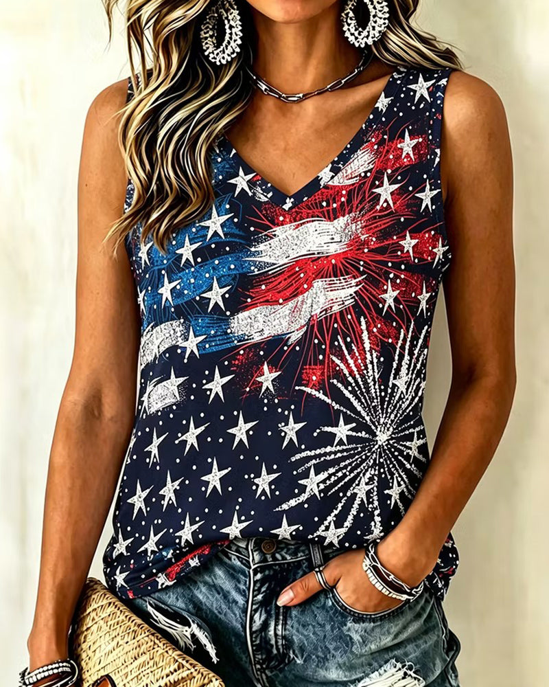 Star-bar Fireworks Full Print Five-pointed Star V-neck Sleeveless Vacation Vest