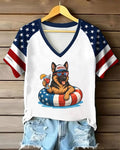 American Flag Holiday German Shepherd Raglan V-Neck Short Sleeve Tee