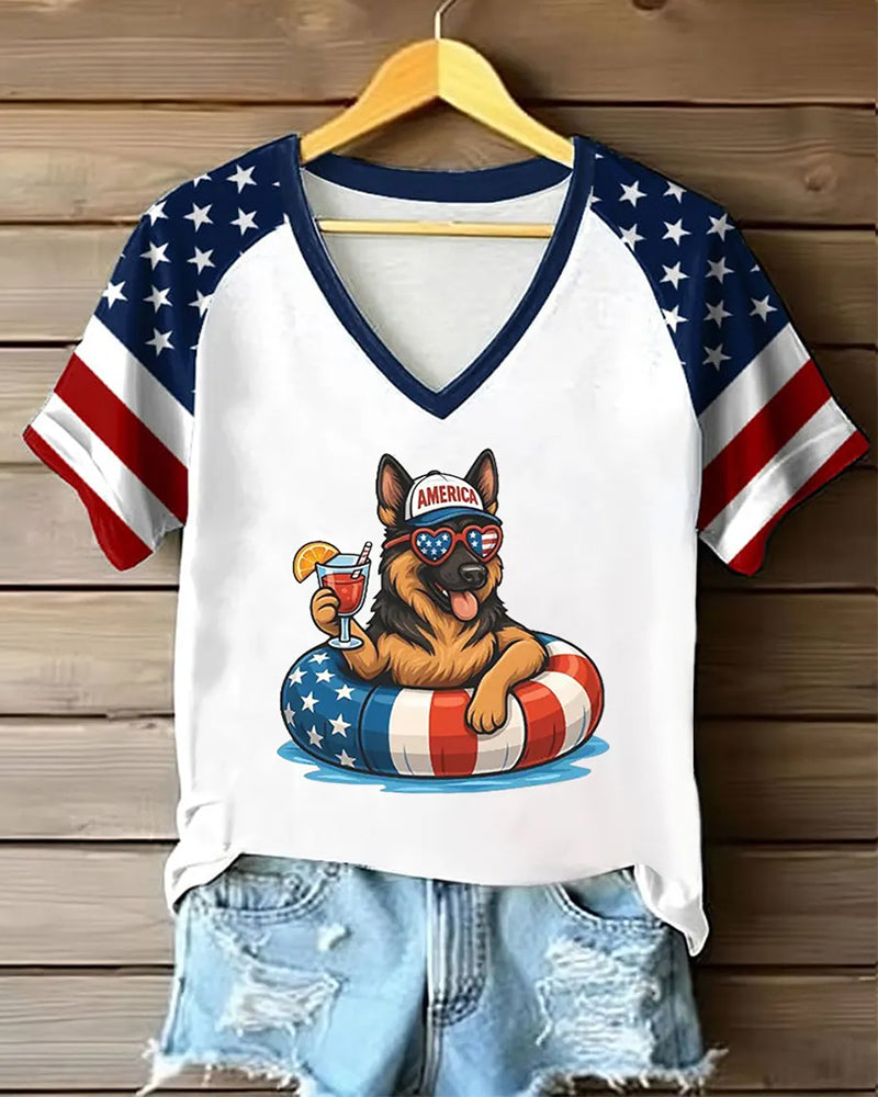 American Flag Holiday German Shepherd Raglan V-Neck Short Sleeve Tee