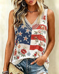 Patchwork Flag Floral Print V-Neck Cotton Vest