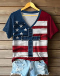 American Flag Denim Cross Patchwork V-Neck Short Sleeve Tee
