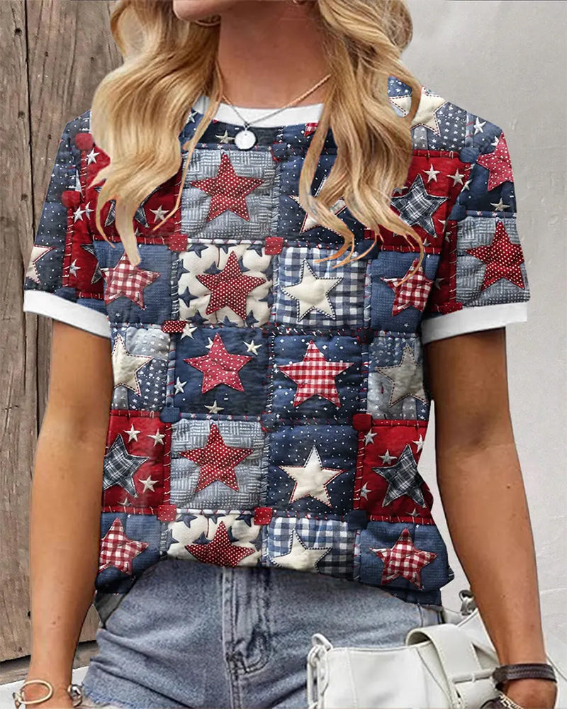 American Flag Star Quilt-Style Printed Short-Sleeve T-Shirt