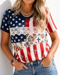 American Flag Lace Patchwork Cross Floral Print Short Sleeve Tee