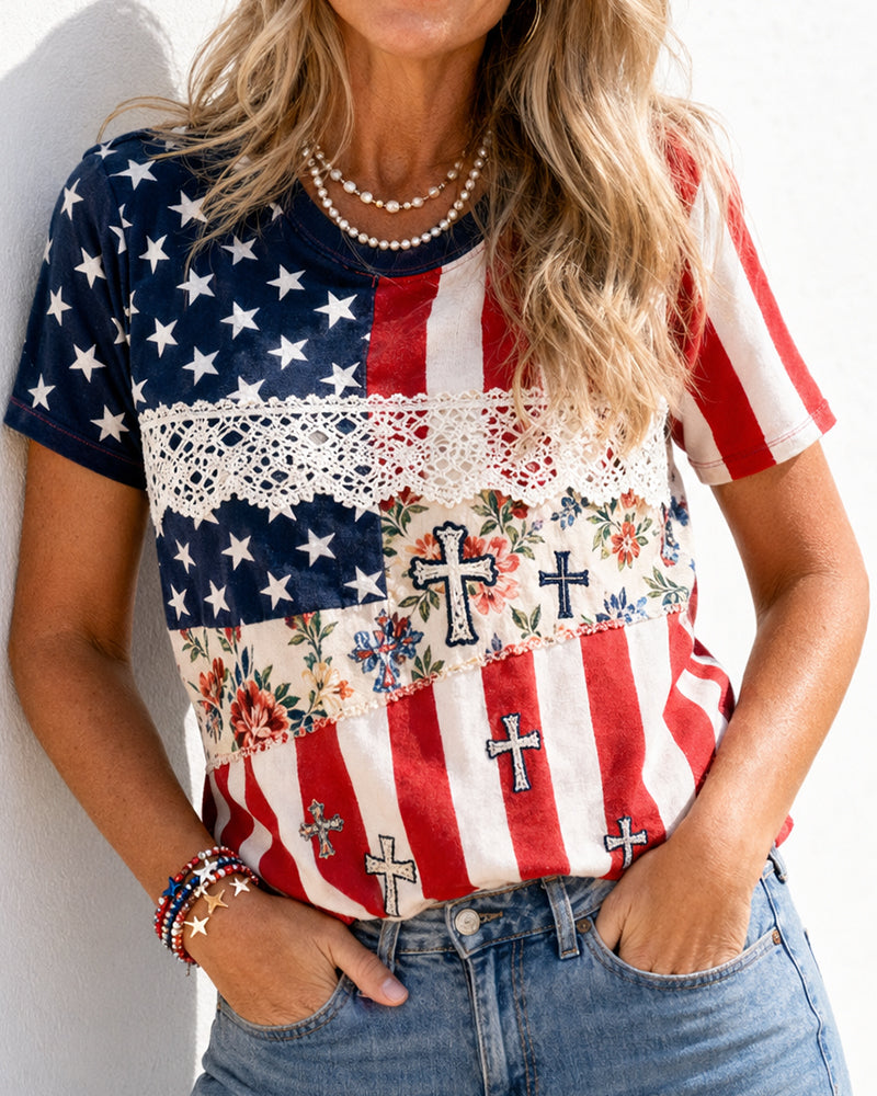 American Flag Lace Patchwork Cross Floral Print Short Sleeve Tee
