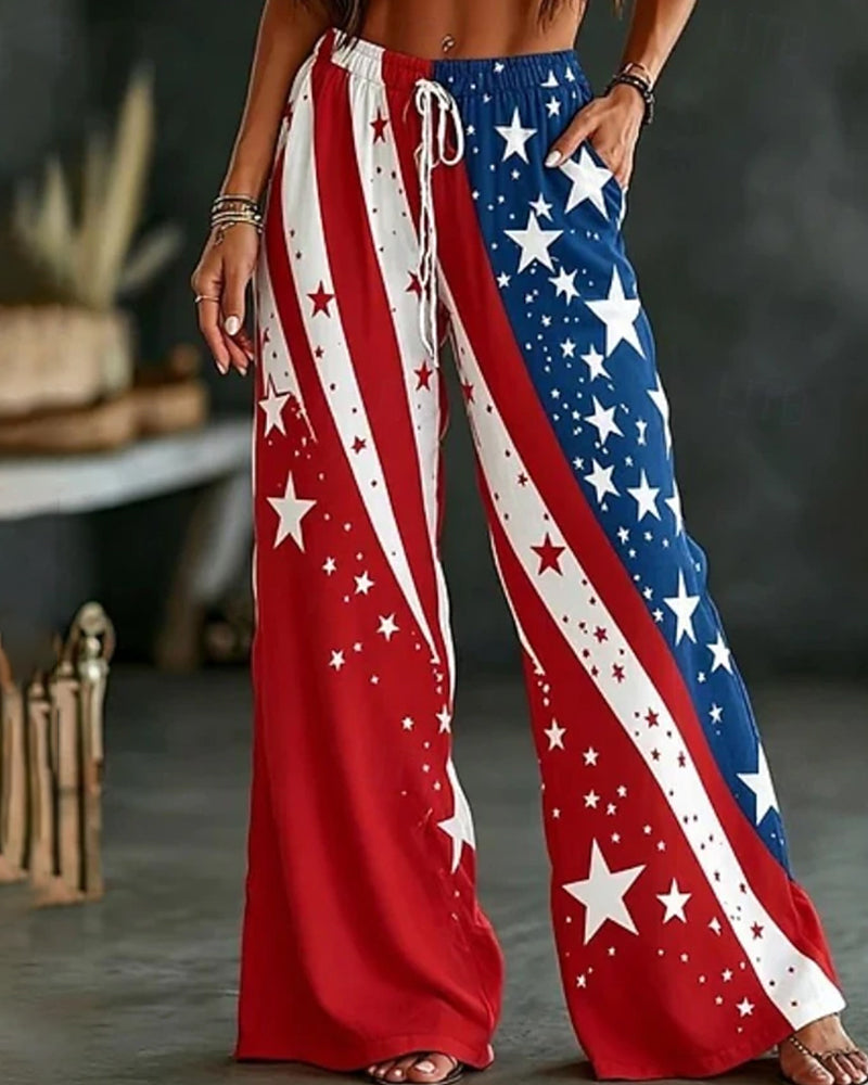 Asymmetric Star-Striped Pentagram Print Pants