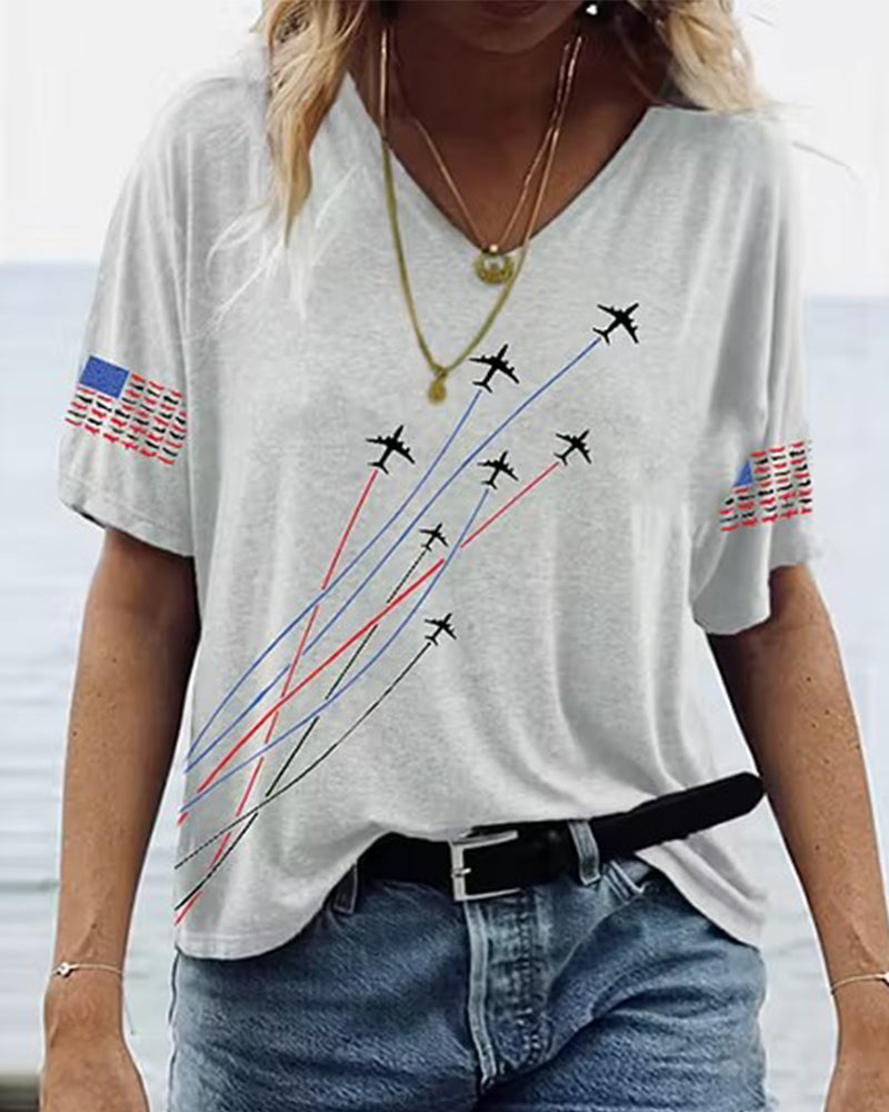 Aircraft Track Stars And Stripes Print Casual V-Neck Short-Sleeve T-Shirt
