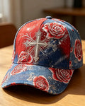 Red Blue Gradient Glitter Rose Cross Embroidered American Flag Casual Cap