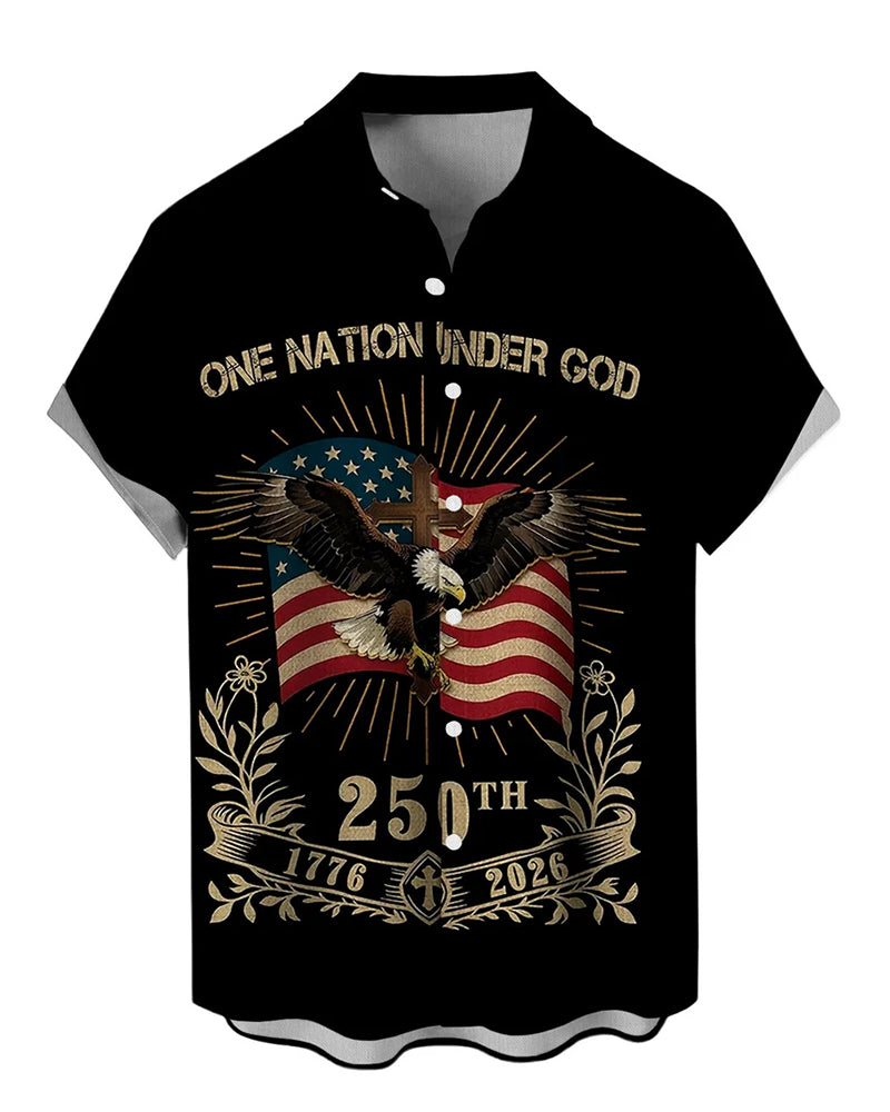 American 250 Anniversary One Nation Under God Eagle Flag Printed Short Sleeve Shirt