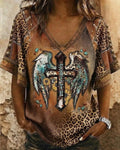Western-style Wind Leopard-print Patchwork Wings Cross FAITH Sunflower Print V-neck Short-sleeve T-shirt
