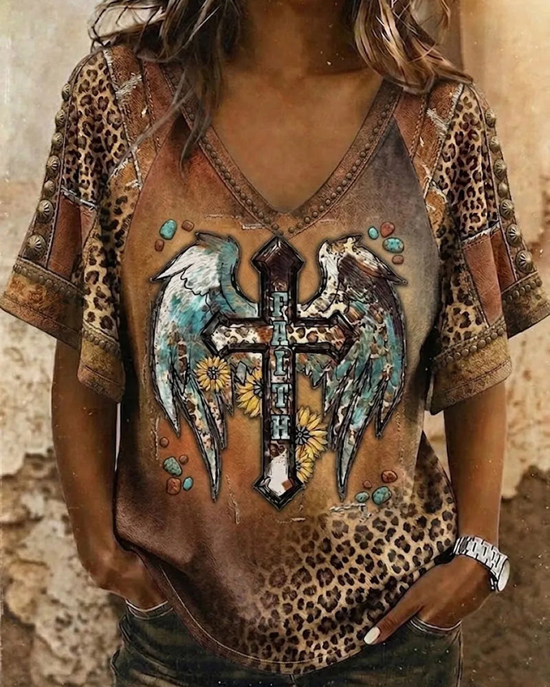 Western-style Wind Leopard-print Patchwork Wings Cross FAITH Sunflower Print V-neck Short-sleeve T-shirt