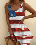Sequin Dot Stars And Stripes U-Neck Sleeveless Casual A- Line Skirt