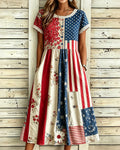 Flag Element Patchwork Floral Printed Lace-Trimmed Round Neck Short Sleeve A- Line Dress