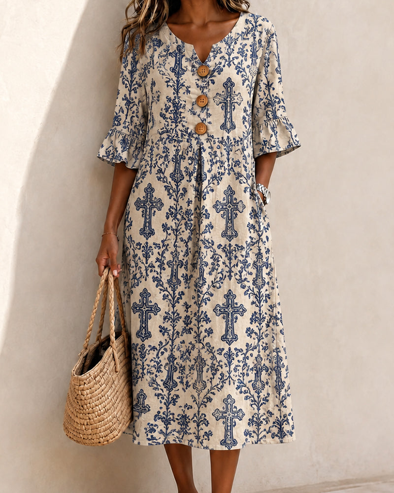Blue And Flower Vine Cross V-Neck Wooden Buckle Midi Dress